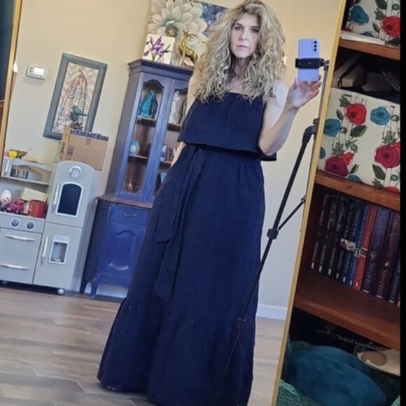 1901 Womens Navy Texture Clip Dot Tie Waist Maxi Sundress Raised Circle Size M - Picture 2 of 15